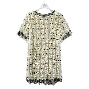 Chanel Ivory & Black Fringe Textured Short-Sleeve Dress Size 36 Made In Italy